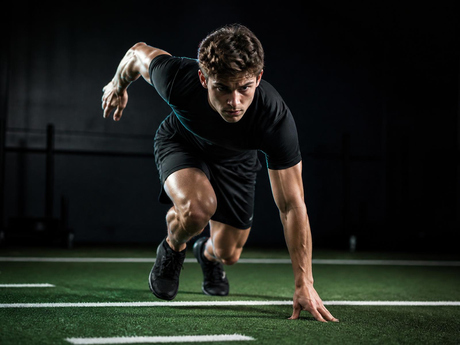 Athlete driving out of a sprint start on an indoor training field